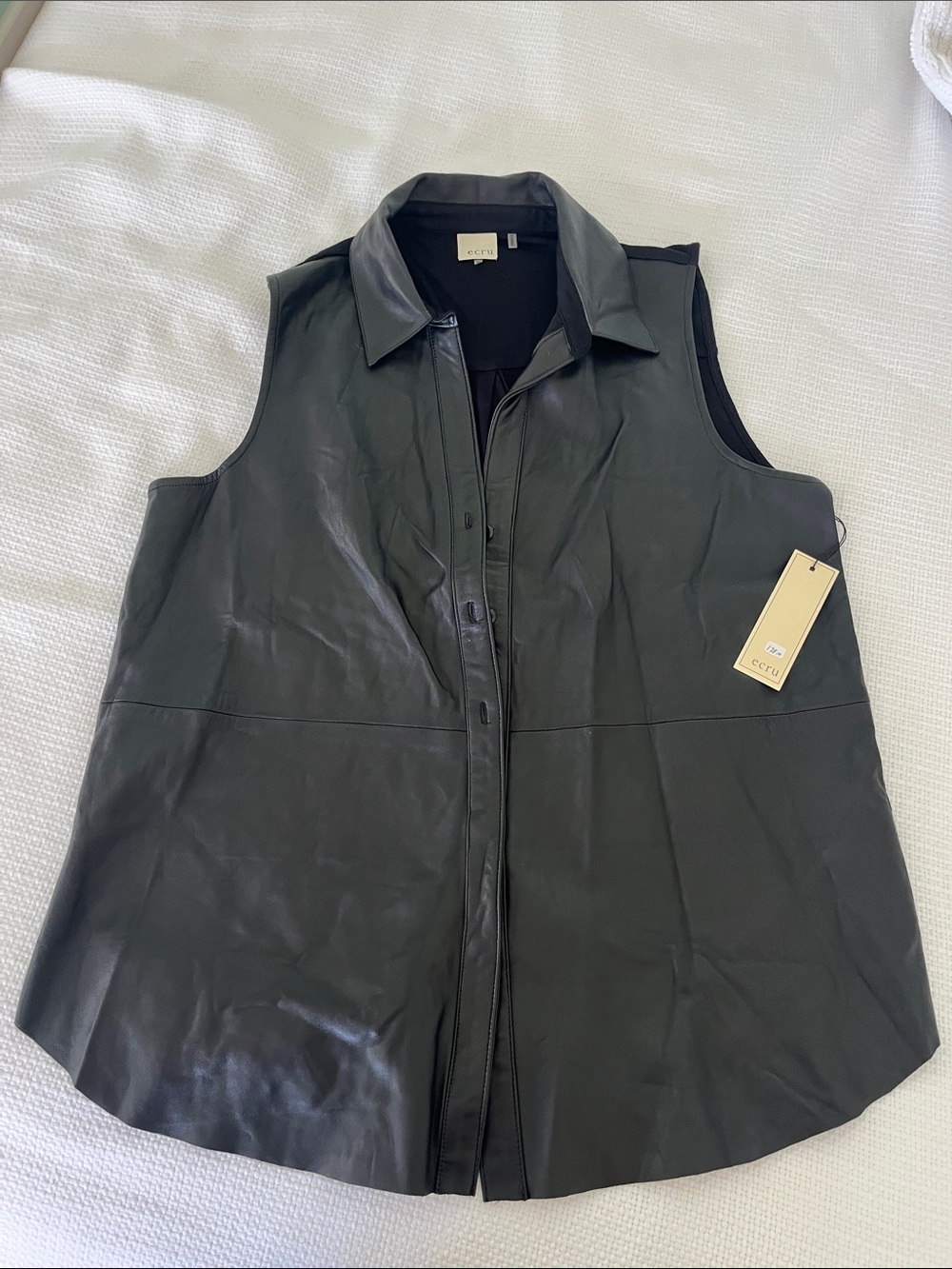 ecru Black Leather Button-Front Sleeveless Vest NWT Size M